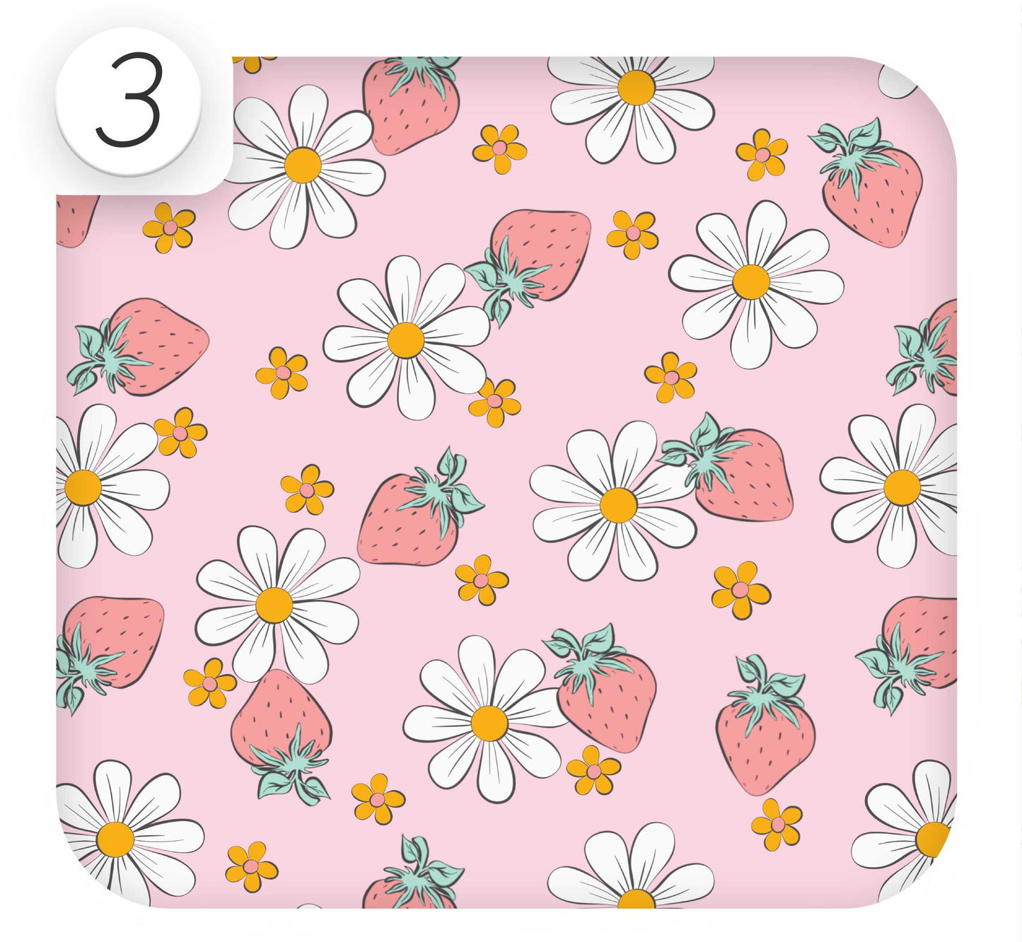 Close up of pink funky floral and strawberry patterned vinyl wrap for kitchen cabinets.
