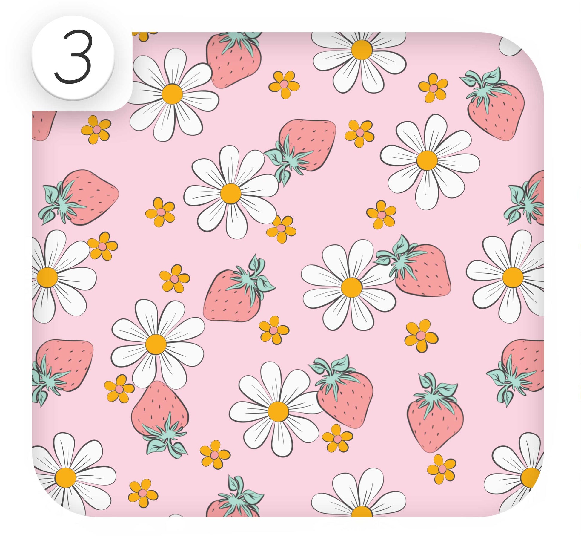 Close up of pink funky floral and strawberry patterned vinyl wrap for kitchen cabinets.