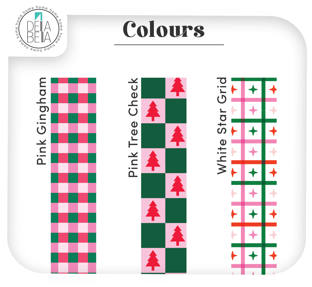 Maximalist colorful Christmas vinyl border patterns including Pink Gingham, Retro Star Check, Festive Tartan, and Pink Tree Check for unique holiday home decor.