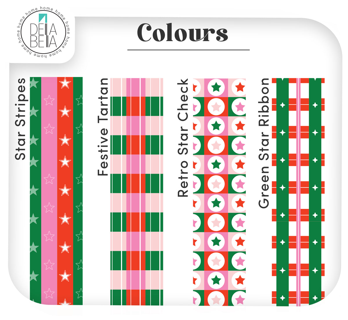 Maximalist colorful Christmas vinyl border patterns including Pink Gingham, Retro Star Check, Festive Tartan, and Pink Tree Check for unique holiday home decor.