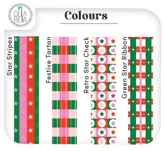 Maximalist colorful Christmas vinyl border patterns including Pink Gingham, Retro Star Check, Festive Tartan, and Pink Tree Check for unique holiday home decor.