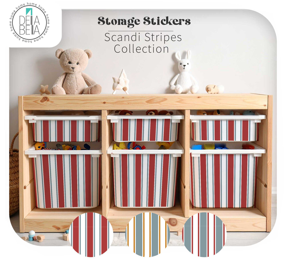 A Ikea Trofast wooden toy organizer cabinet with six striped fabric bins in the Scandi Stripes collection, styled with stuffed toys on top. The image includes a brand logo for 'Della Bella' and three circular swatches showing the red, white, gray, and yellow stripe patterns.