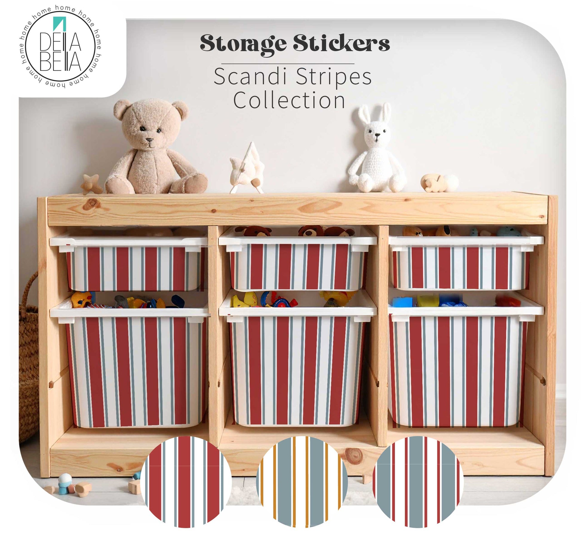 A Ikea Trofast wooden toy organizer cabinet with six striped fabric bins in the Scandi Stripes collection, styled with stuffed toys on top. The image includes a brand logo for 'Della Bella' and three circular swatches showing the red, white, gray, and yellow stripe patterns.