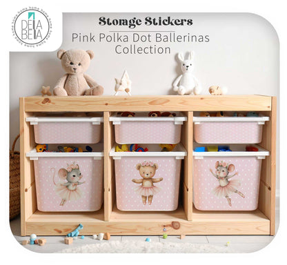 Cut-out pink polka dot decal stickers featuring watercolour ballerina bear and mouse designs, compatible with IKEA Trofast bins.
