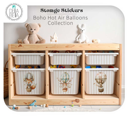 Neutral beige boho hot air balloon stickers applied to wooden IKEA Trofast toy storage unit.