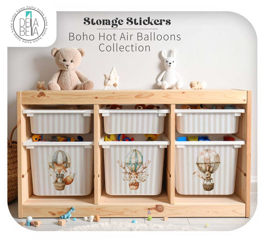 Neutral beige boho hot air balloon stickers applied to wooden IKEA Trofast toy storage unit.