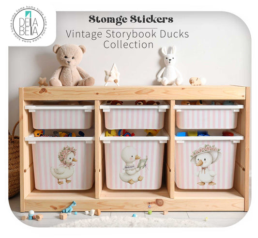 Pastel pink striped vintage duck and goose stickers decorating an IKEA Trofast toy storage unit.

