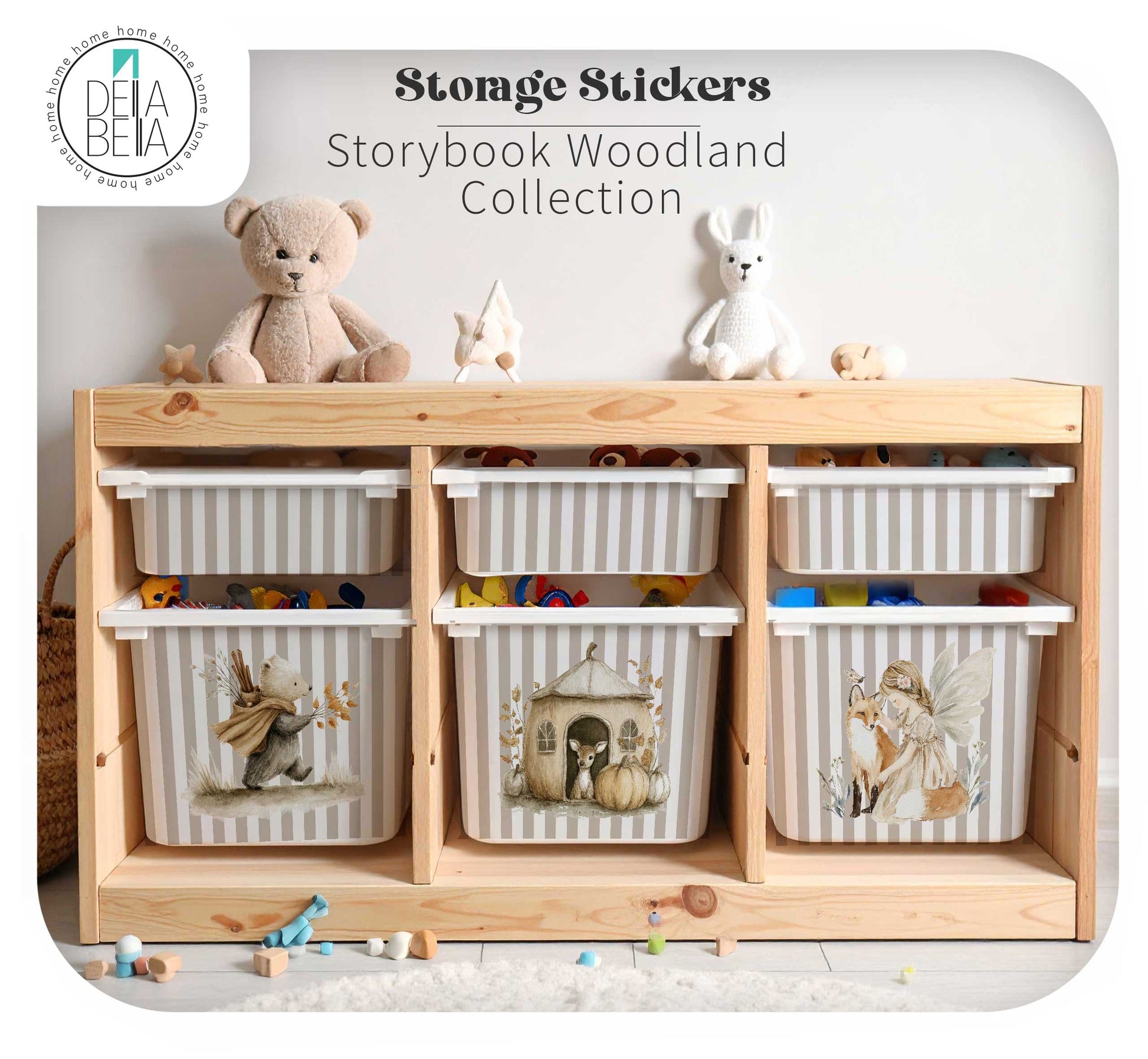Earthy greige striped toy storage labels featuring a woodland fairy, fox, and autumn pumpkin cottage compatible with IKEA Trofast bins in a Montessori playroom