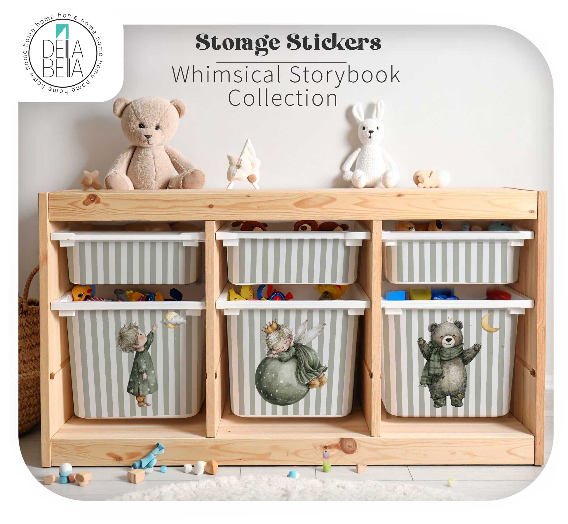 Olive green striped toy storage decals featuring a vintage storybook fairy, child, and bear, compatible with wooden IKEA Trofast units.