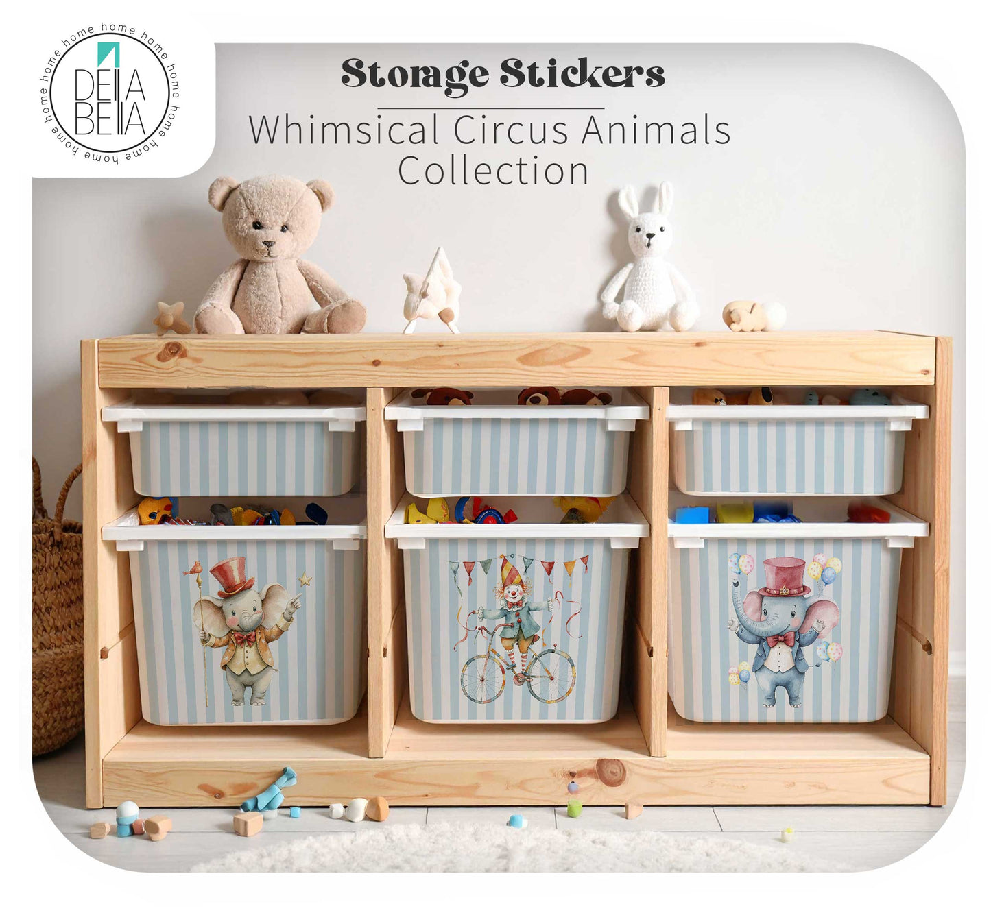 Blue striped toy storage labels featuring watercolour circus animals compatible with IKEA Trofast bins.