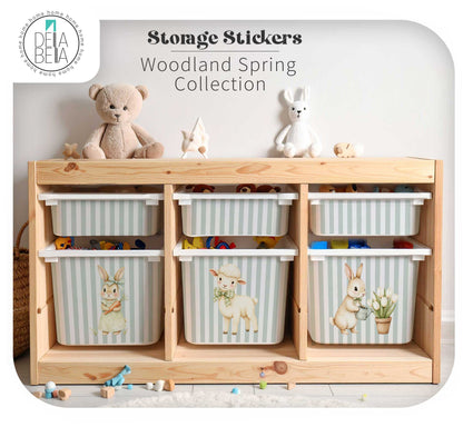 Sage green striped furniture decals with bunny and lamb illustrations for IKEA Trofast toy storage.