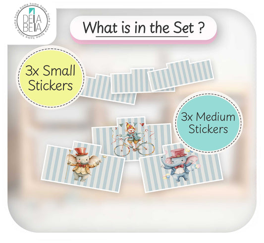 A product information graphic for a sticker set, showing illustrated elephant characters on blue-and-white striped sticker designs. Text labels indicate '3x Small Stickers' in a pale yellow circle and '3x Medium Stickers' in a pale blue circle, with a header reading 'What is in the Set ?'.