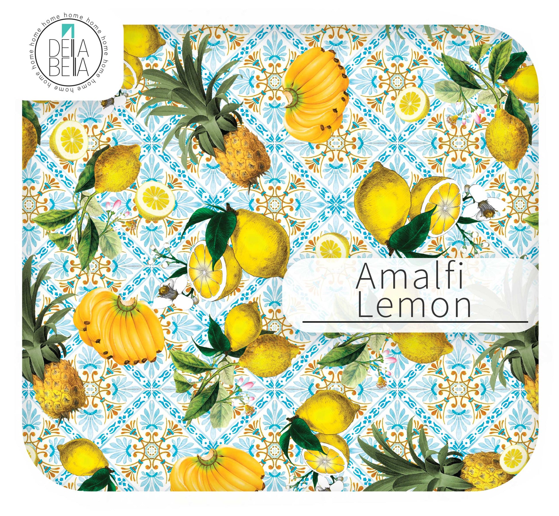 Product packaging with lemons, pineapples, and a decorative pattern labeled 'Amalfi Lemon'.