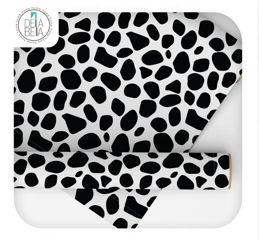 dalmatian vinyl peel and stick  Black and white patterned product with Dela Bella logo