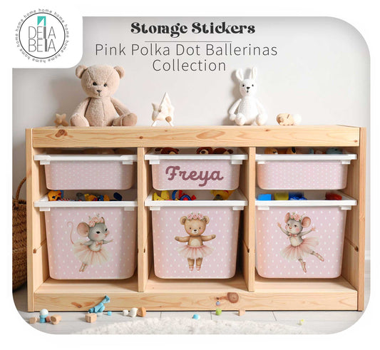 A personalised wooden toy organizer cabinet with six pink polka dot storage bins decorated with cute animal ballerina illustrations and the name 'Freya'. The scene is styled with plush toys on top, set against a neutral light gray background with text overlays reading 'Storage Stickers Pink Polka Dot Ballerinas Collection'.