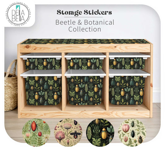 IKEA Trofast storage unit customised with a peel-and-stick vinyl wrap featuring a dark, moody Beetle & Botanical pattern. The top and drawer fronts are covered, creating a stylish IKEA hack