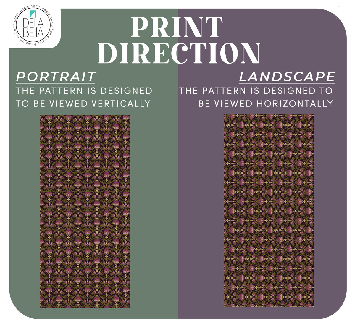 Print direction guide showing two layout options: Portrait on a muted green background and Landscape on a muted purple background, each with a rectangular preview of a repeating floral pattern. Large text reads 'PRINT DIRECTION' and smaller labels explain vertical vs horizontal viewing.