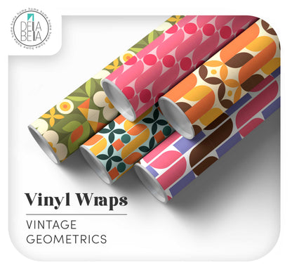 Colorful vinyl wraps with vintage geometric patterns on a white background, featuring the Dela Bella brand.
