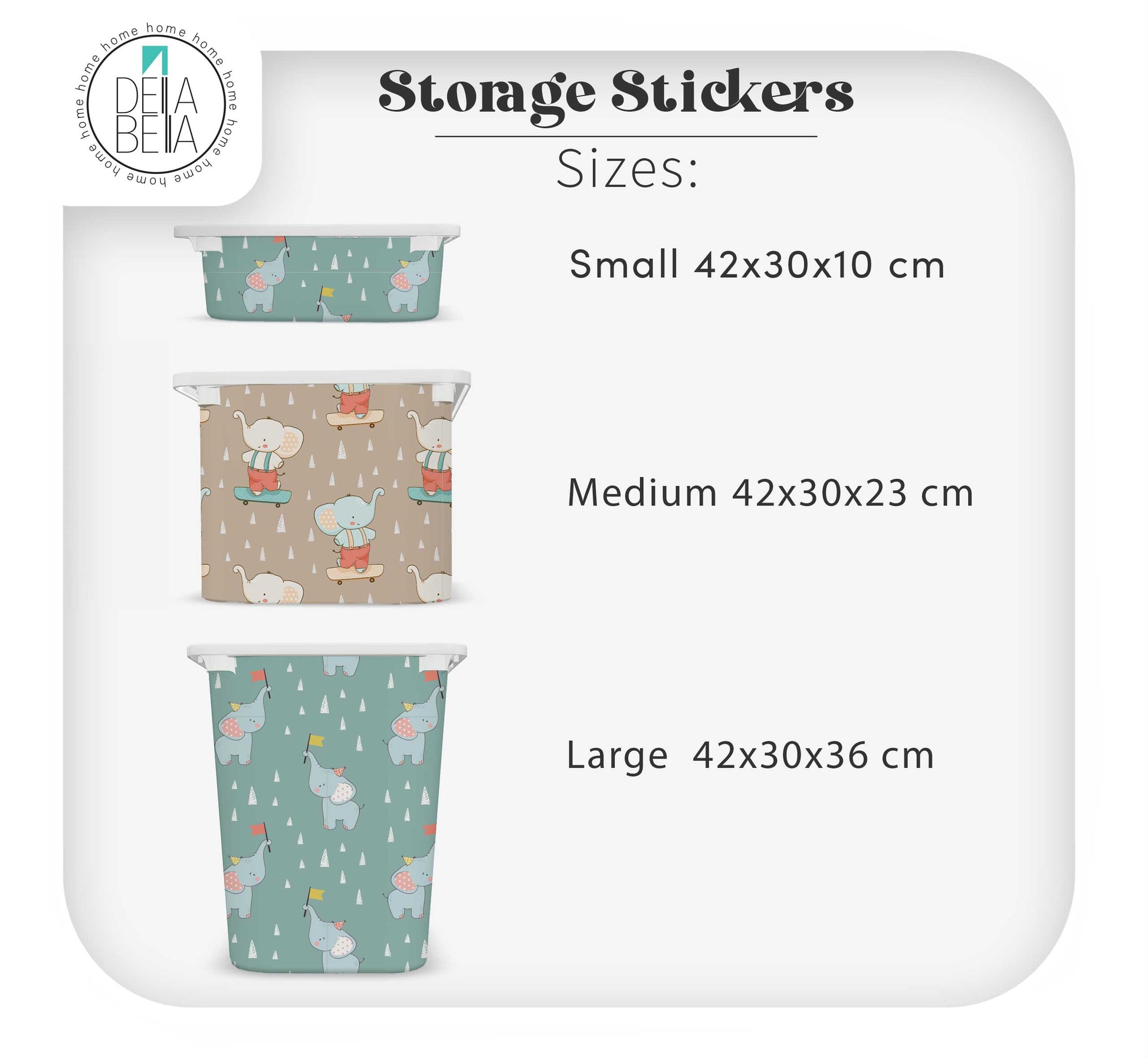 ikea trofast Storage stickers with sizes small, medium, and large displayed on a white background.