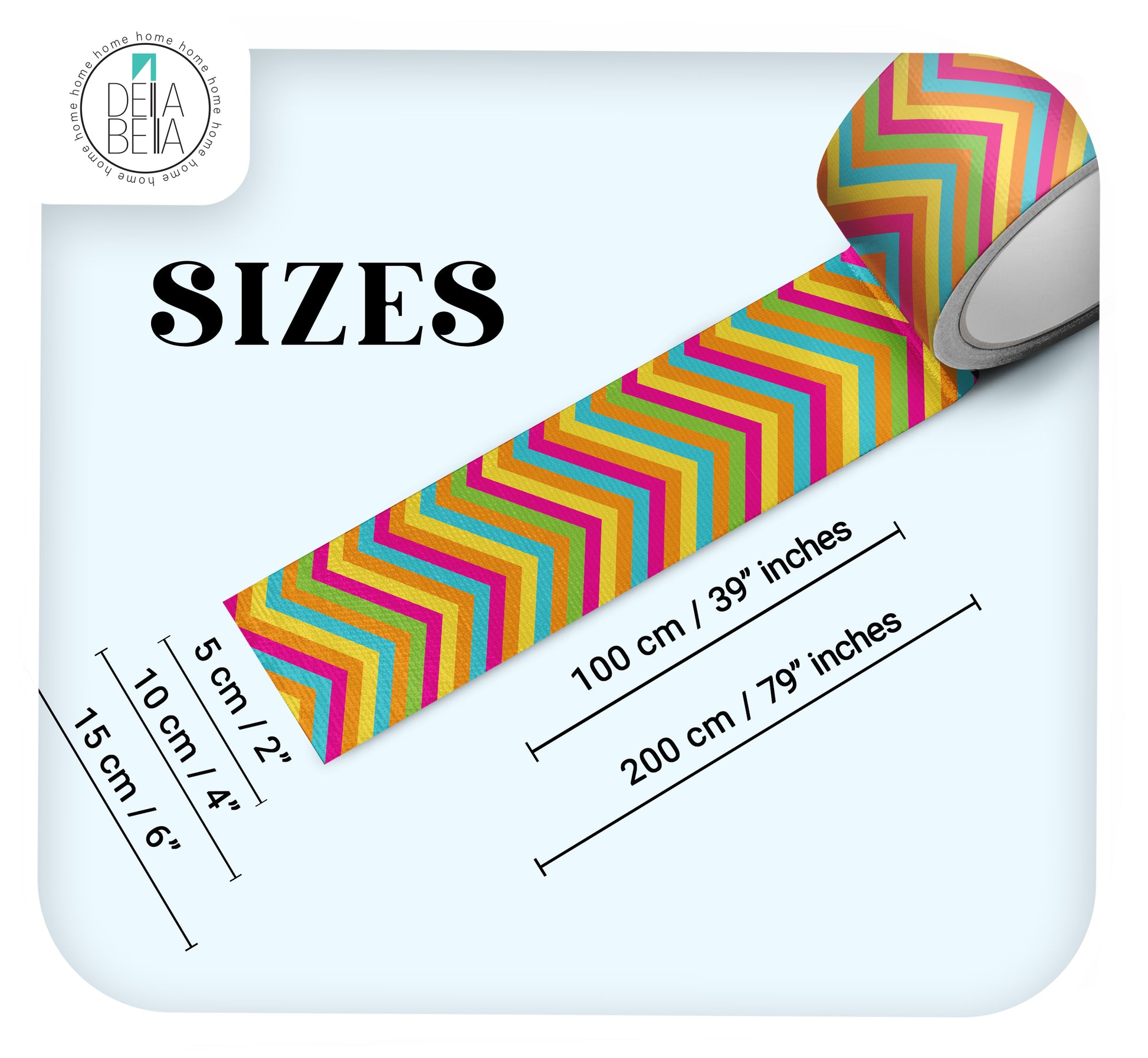 Colorful striped wall border with measurements on a white background