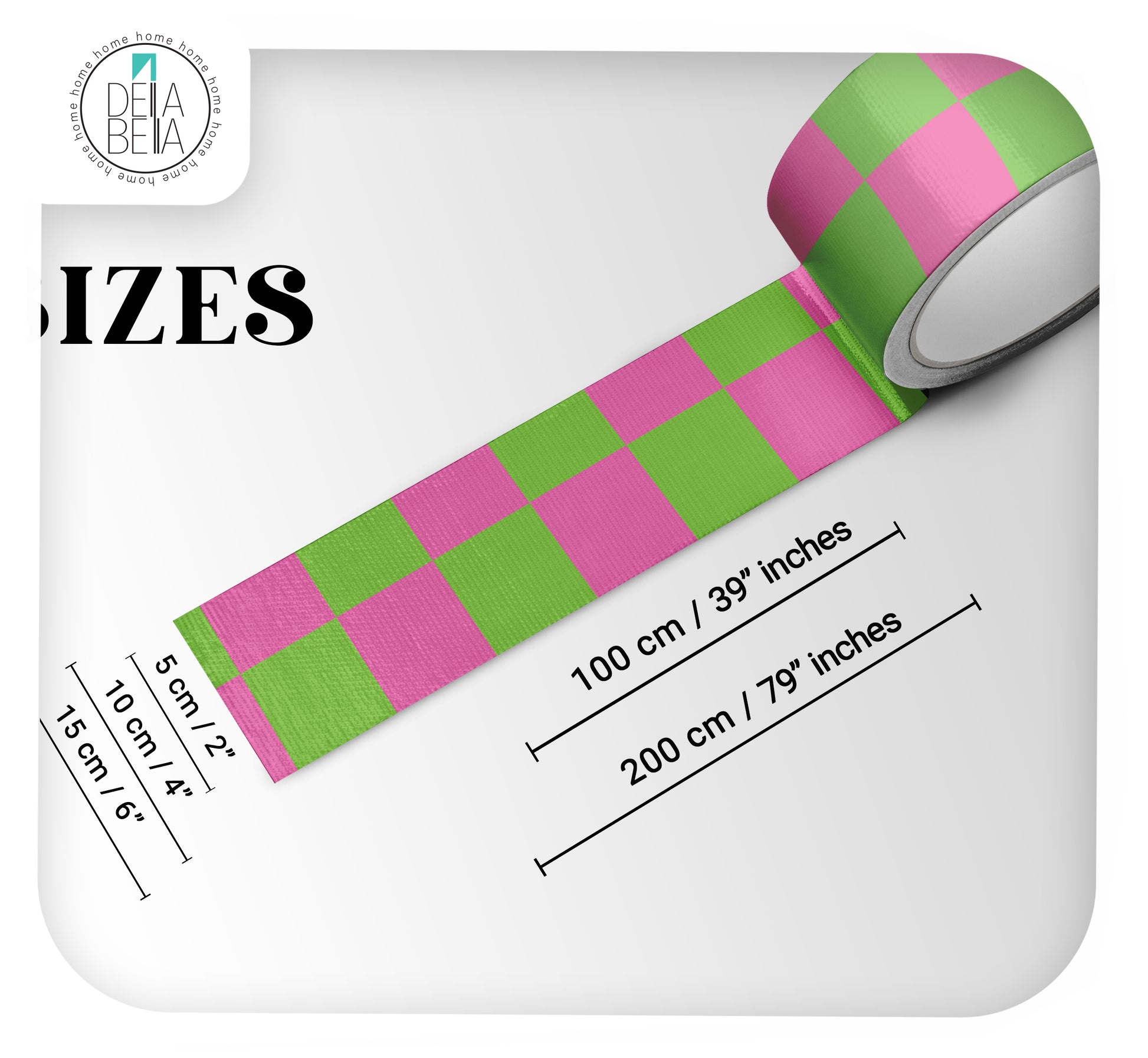 Pink and green checkered door edge strips on a white background with size labels.