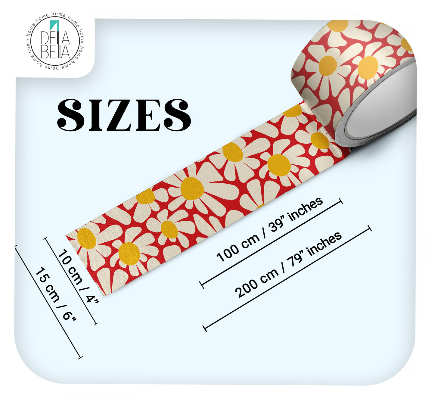 Floral-patterned vinyl strip with size markings on a white background
