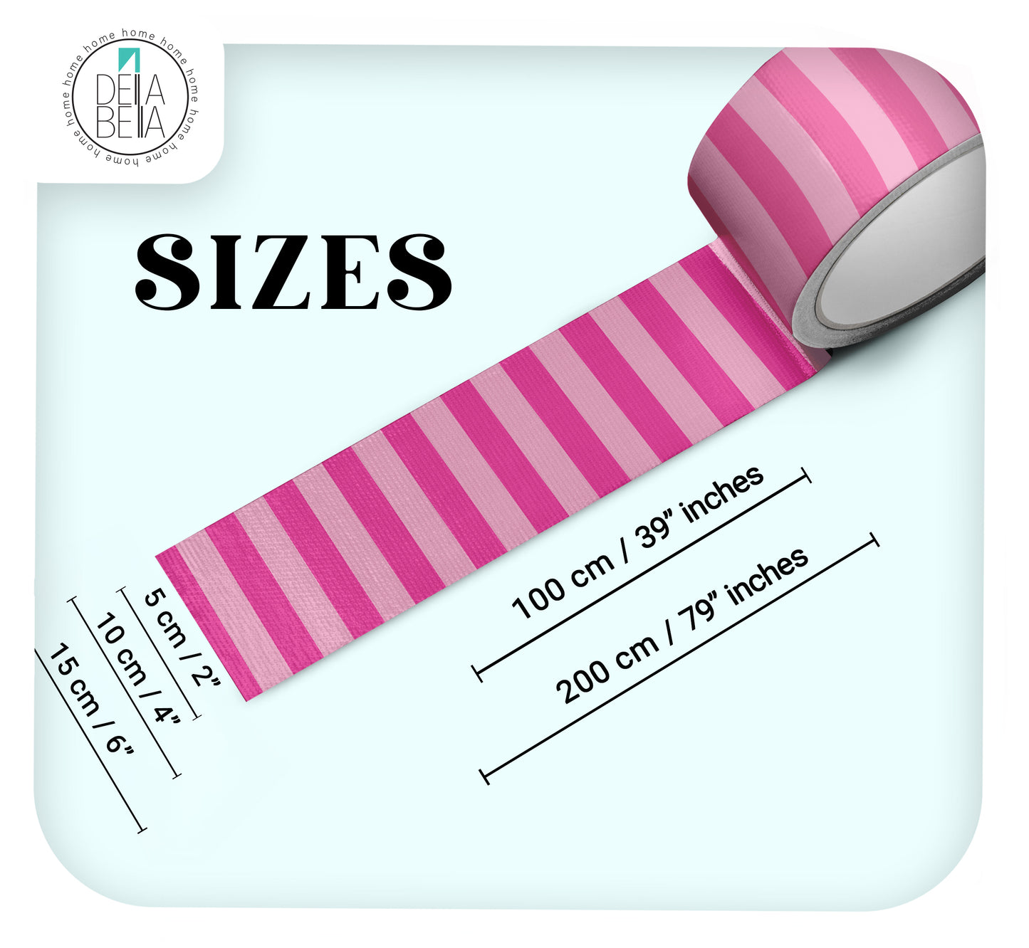 Pink striped vinyl door edge strip with measurements and Dela Bela branding on a white background
