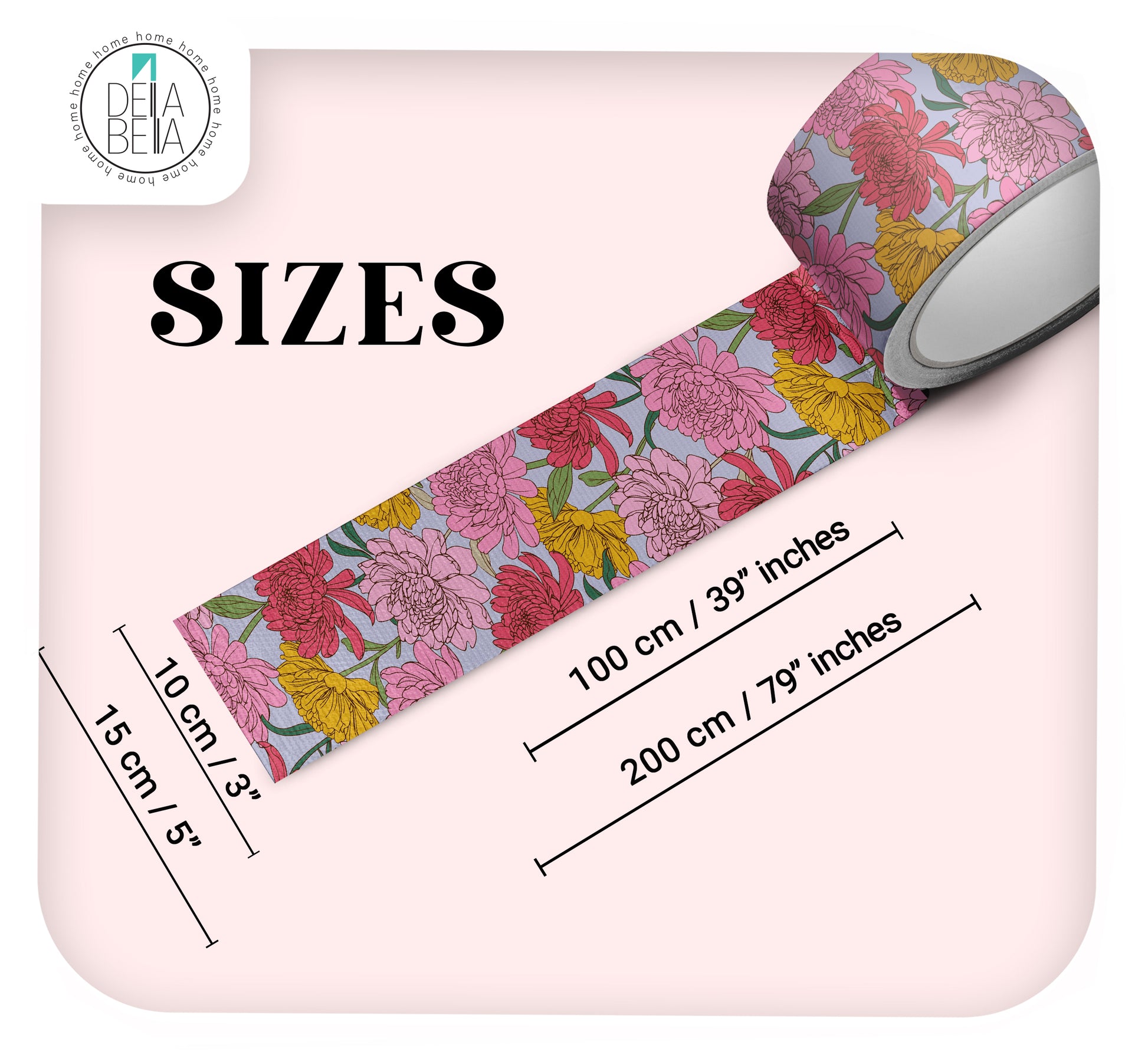 Sizes infographic for Della Bella peel and stick vinyl strips showing 10cm and 15cm widths and 1m and 2m lengths. Perfect dimensions for door edges, faux dado rails, and skirting board trims
