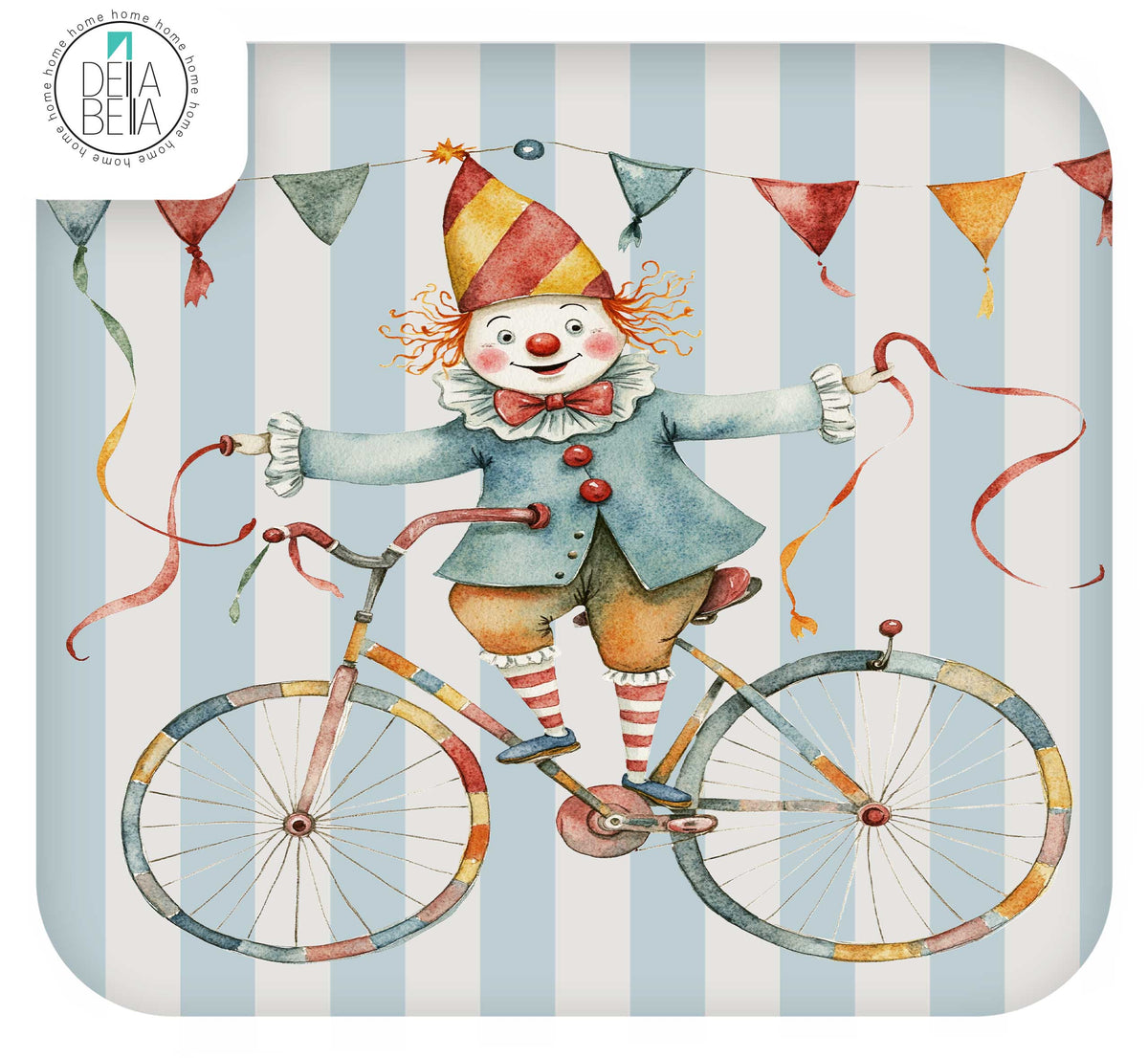 Ikea Trofast sticker  whimsical watercolor illustration of a clown riding a bicycle against a light blue and white striped background, with colorful pennant banners and streamers. The Dela Bella brand logo is visible in the top-left corner.