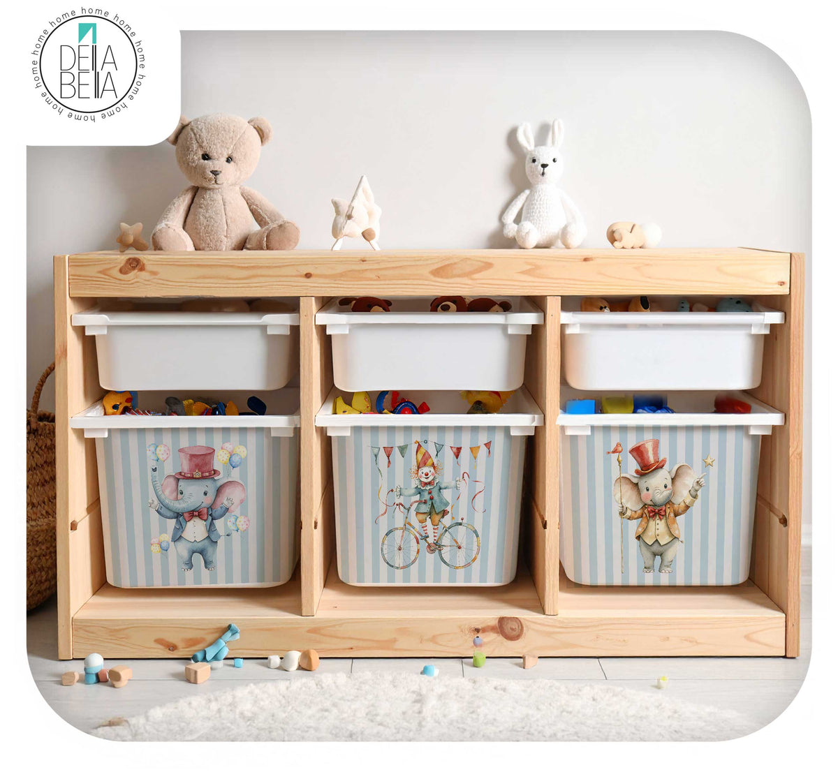 Whimsical Circus Animal Decal Custom Stickers compatible with IKEA Trofast Boxes | Blue Stripe Playroom Decor
