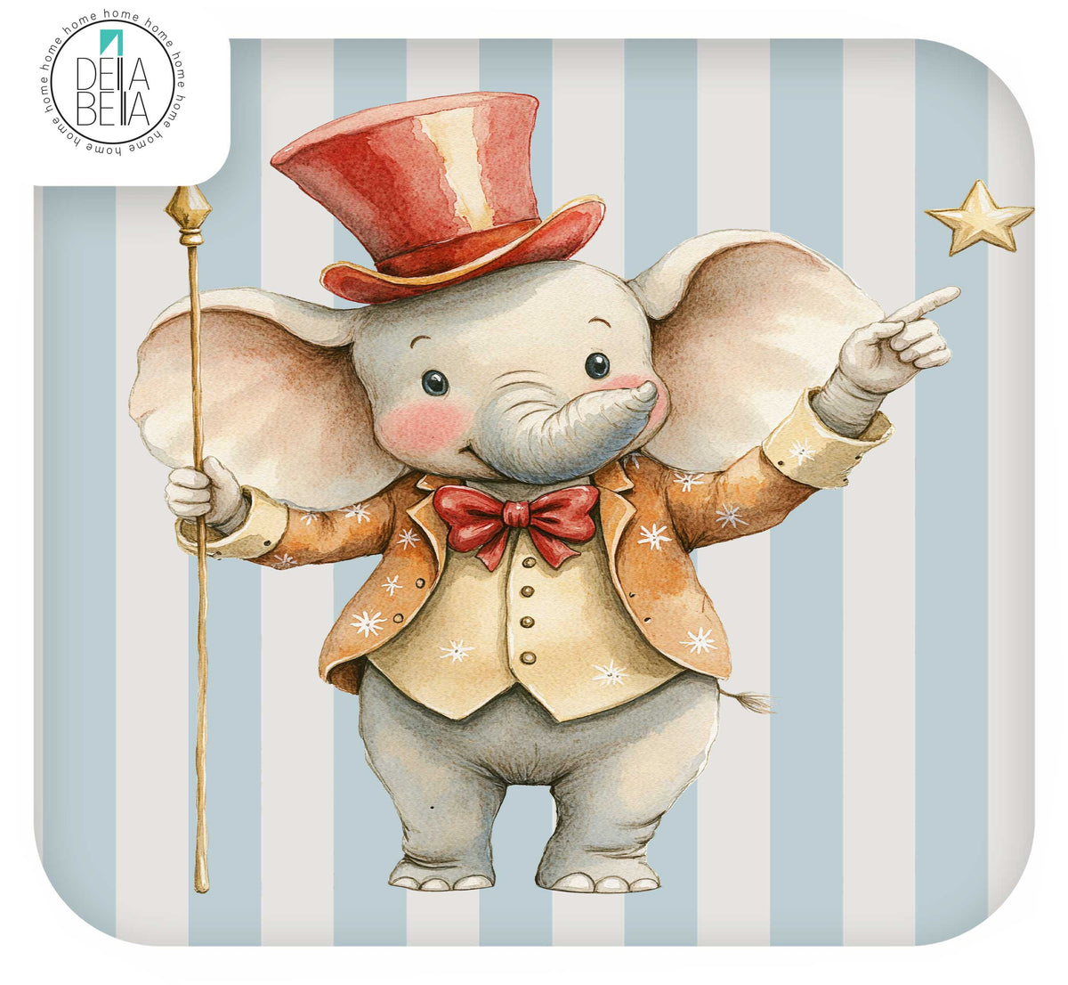 Ikea Trofast sticker featuring a vintage-style illustration of a smiling elephant dressed in a red top hat, orange star-patterned jacket, and red bow tie, holding a gold staff and pointing to a gold star. The background is light blue and white vertical stripes.