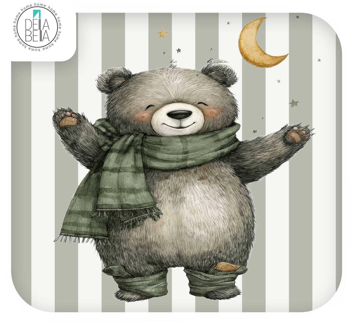 Trofast units decals  featuring a teddy bear illustration with closed eyes, raised paws, and a green plaid scarf against a background of vertical gray and white stripes, with a yellow crescent moon and small stars. A circular Della Bella  logo is visible in the top-left corner.