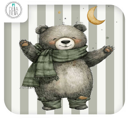 Trofast units decals  featuring a teddy bear illustration with closed eyes, raised paws, and a green plaid scarf against a background of vertical gray and white stripes, with a yellow crescent moon and small stars. A circular Della Bella  logo is visible in the top-left corner.