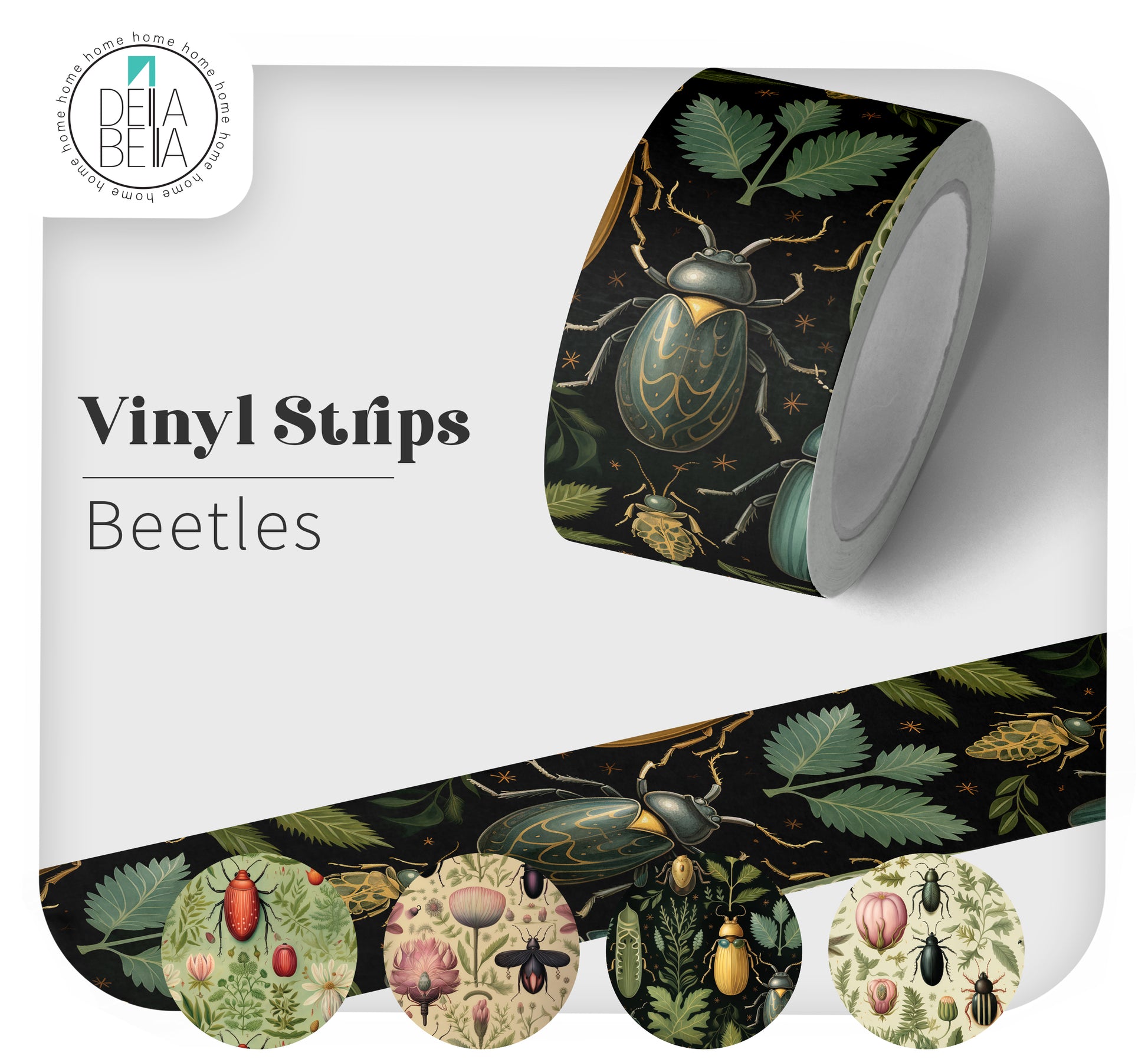 A strip door edge sticker roll of decorative vinyl strips featuring a vintage beetle illustration on a black background, with a strip laid out below showing multiple circular patterned strips. The image includes the text 'Vinyl Strips Beetles' and a Deha Bella logo in the top left.