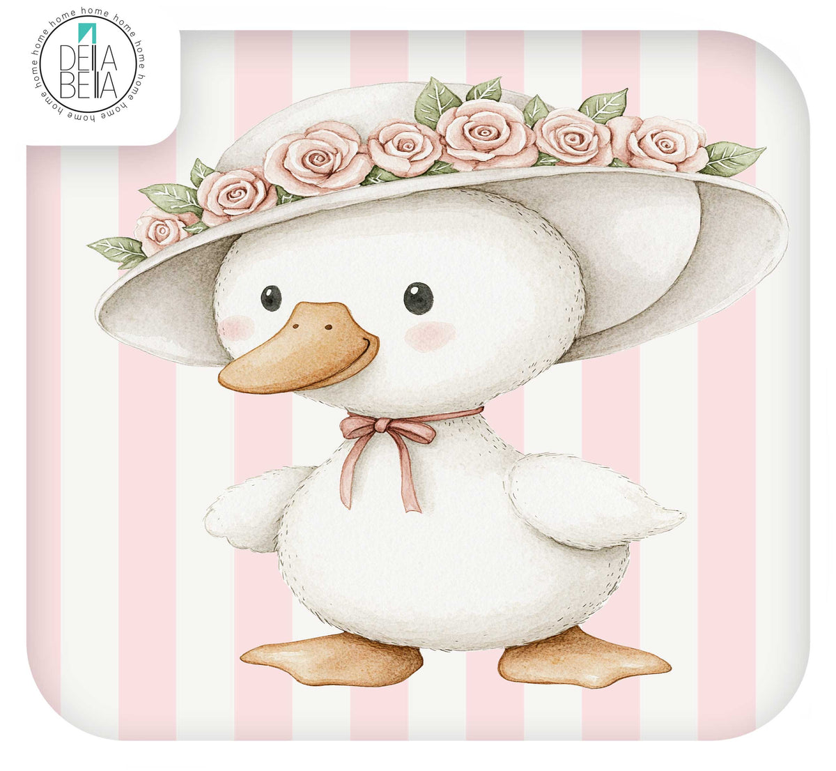 Ikea hack stickers  featuring a cute watercolor-style duck wearing a wide-brimmed white hat decorated with pink roses and green leaves, against a pink and white striped background. A small Della Bella logo appears in the top-left corner.