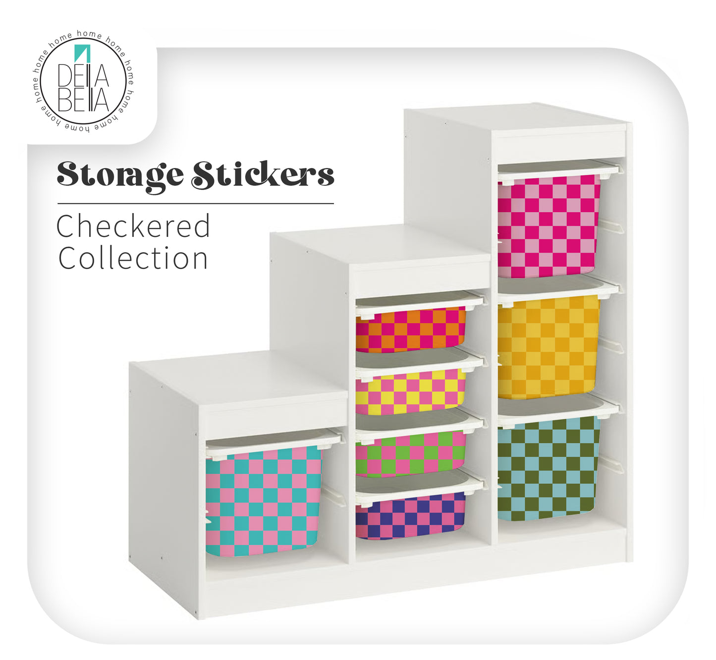 Diagram demonstrating how the checkerboard vinyl sticker wraps around the front and sides of a yellow IKEA Trofast box for a seamless look.