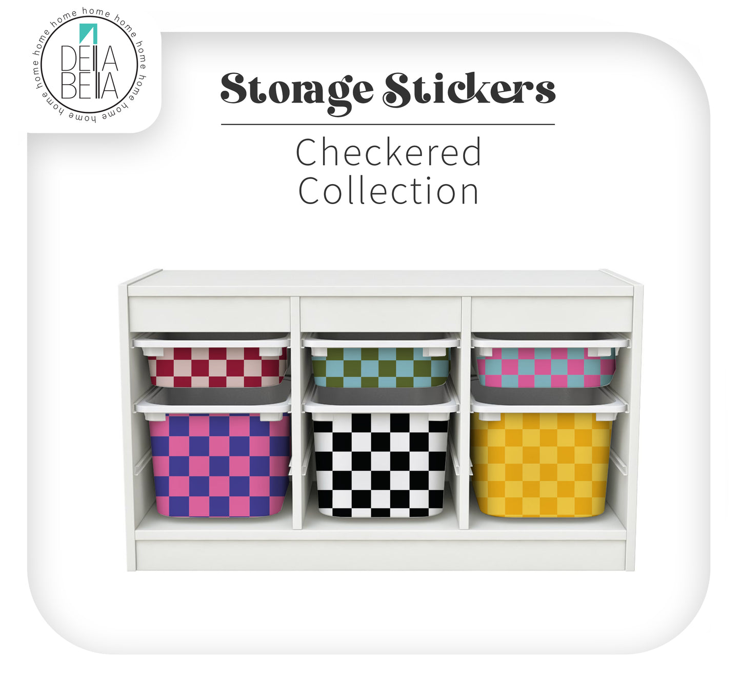 An IKEA Trofast storage unit customised with colourful checkerboard stickers on the boxes, creating a funky retro IKEA hack for a child's playroom.