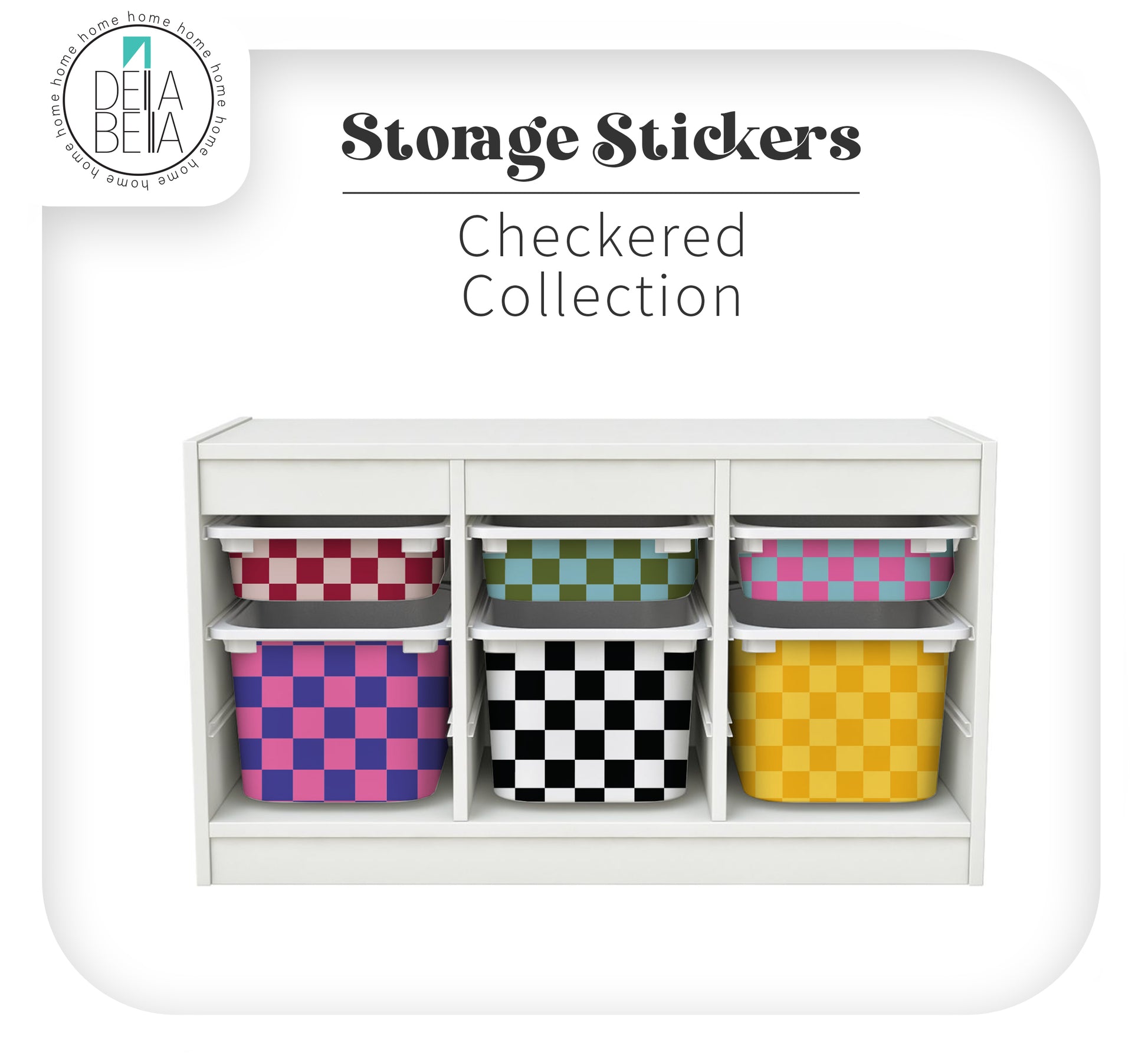 An IKEA Trofast storage unit customised with colourful checkerboard stickers on the boxes, creating a funky retro IKEA hack for a child's playroom.