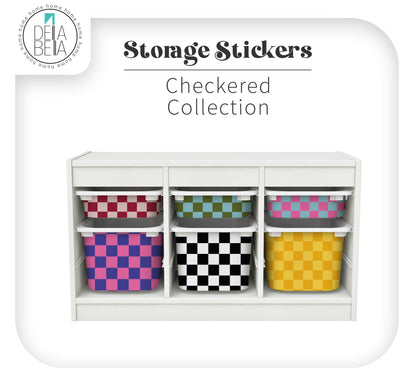 An IKEA Trofast storage unit customised with colourful checkerboard stickers on the boxes, creating a funky retro IKEA hack for a child's playroom.