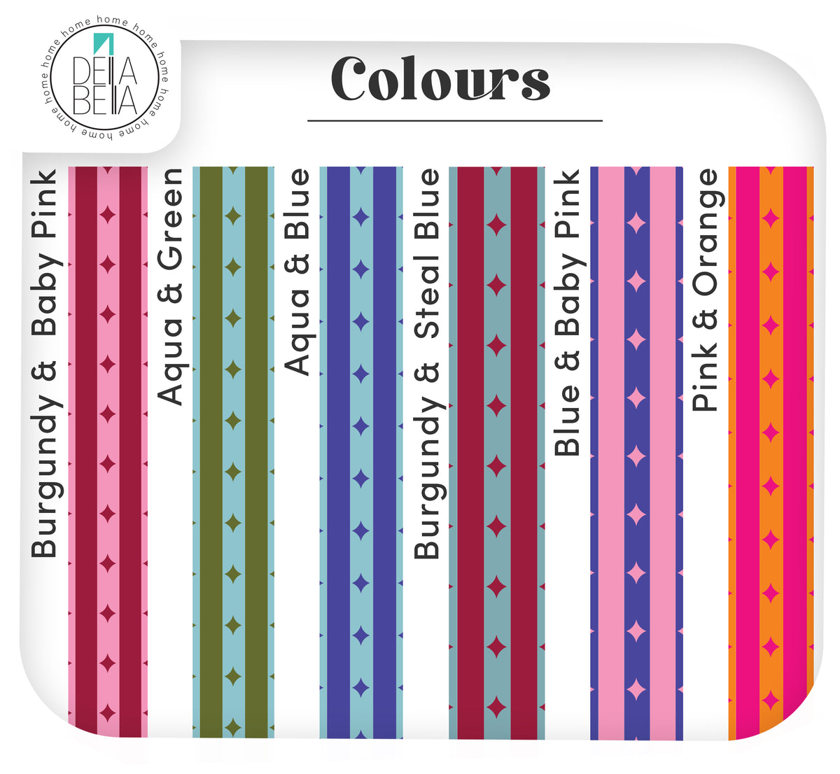 Six maximalist colorful star and stripe vinyl border patterns including Burgundy and Pink, Aqua and Green, and Pink and Orange for festive home decor.
