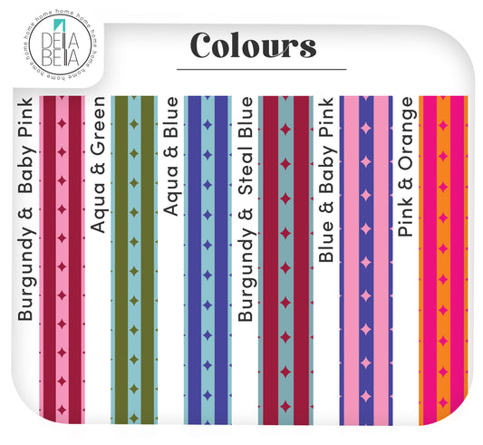 Six maximalist colorful star and stripe vinyl border patterns including Burgundy and Pink, Aqua and Green, and Pink and Orange for festive home decor.
