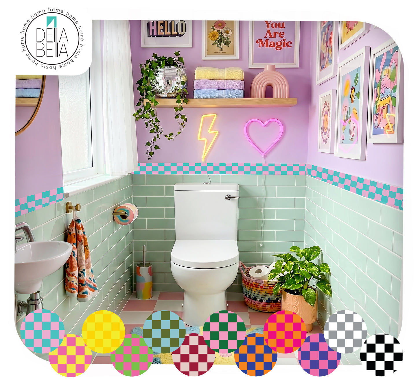 Colorful bathroom with pastel walls, checkered vinyl wall border peel and stick, and decorative elements.