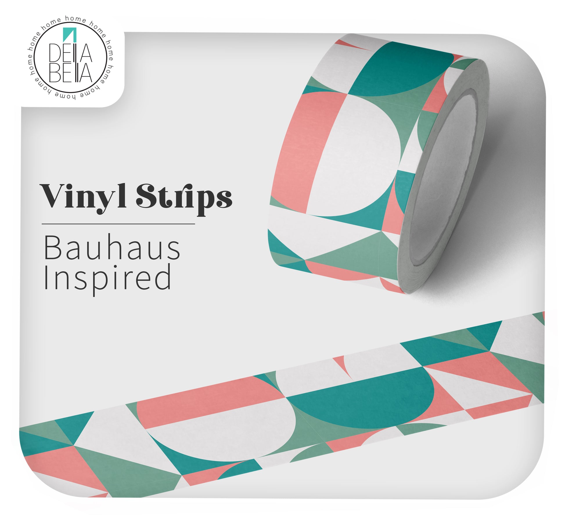 Roll of Della Bella geometric peel and stick vinyl strip featuring a retro pink, teal, and white colour-blocking pattern. Used for renter-friendly door edging and dopamine decor upcycling.