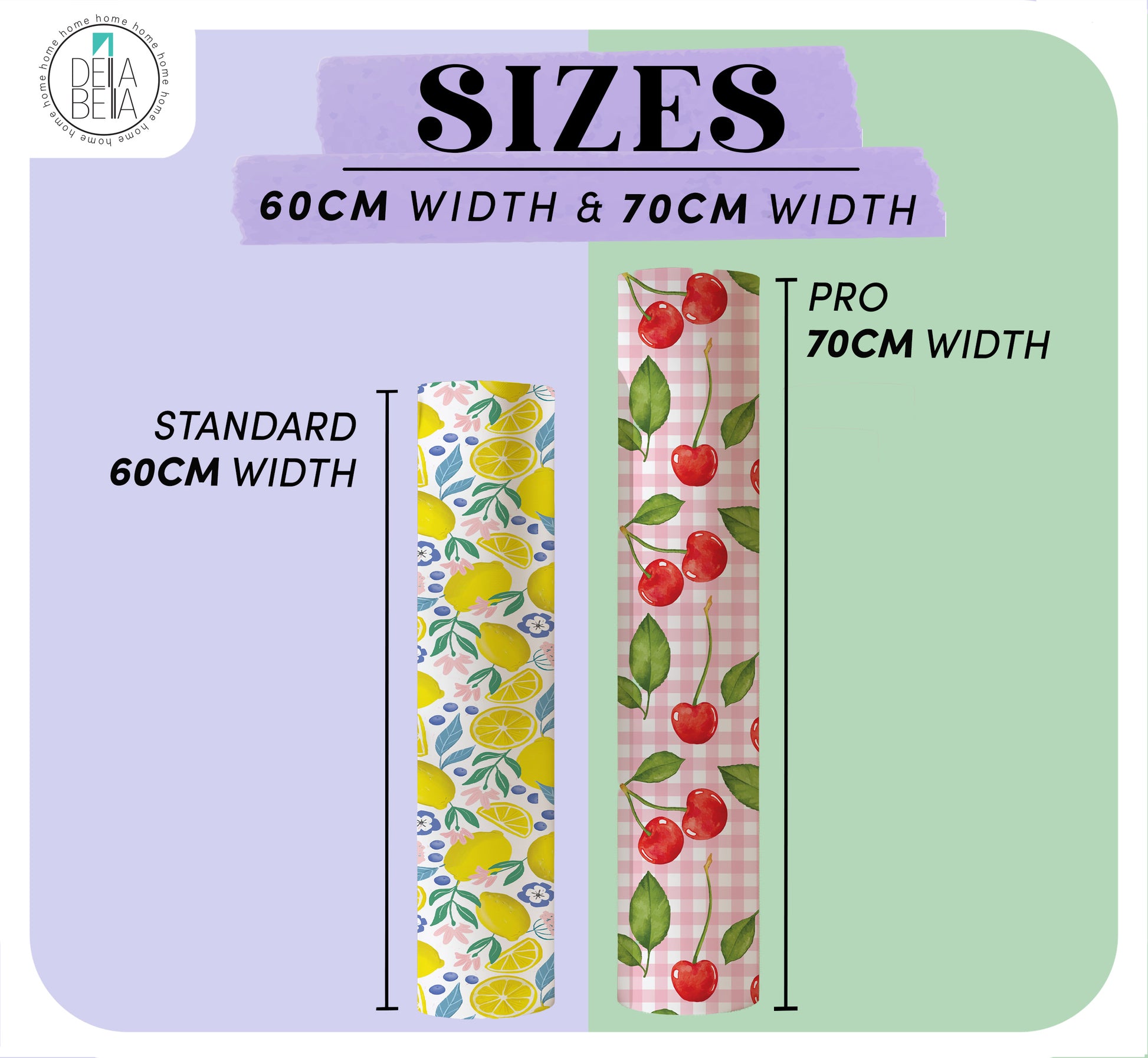 Comparison of 60cm and 70cm wide vinyl wraps strips with decorative patterns on a purple and green background.