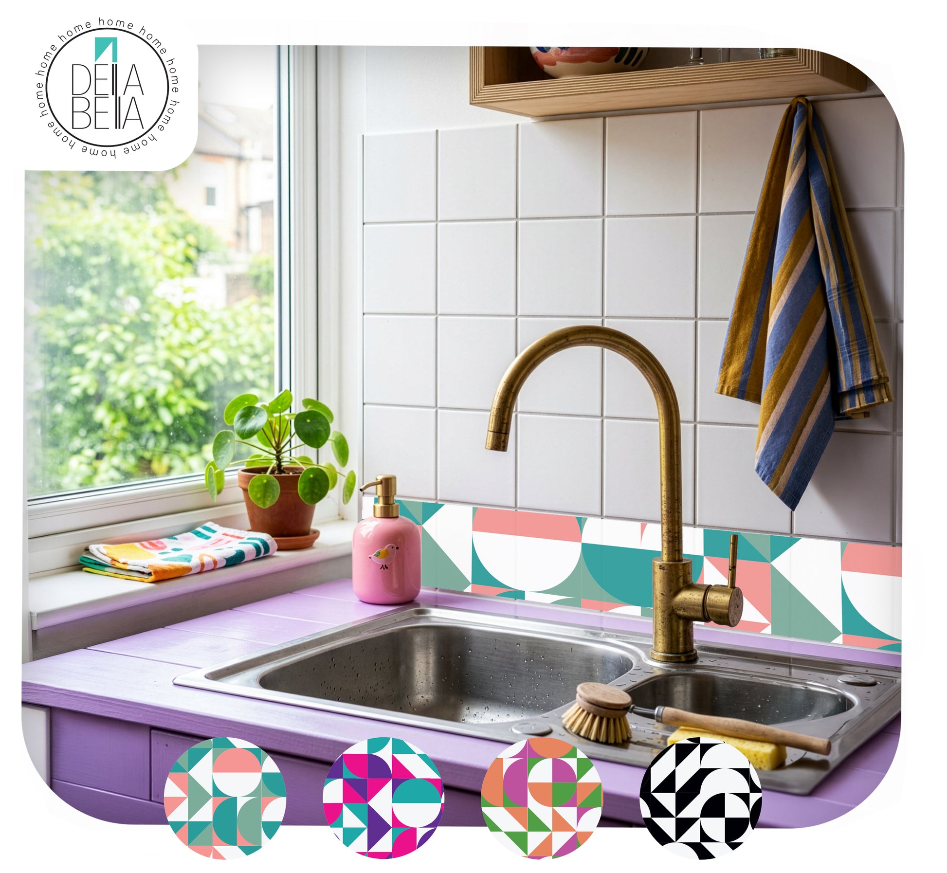 Kitchen sink area with a colorful backsplash vinyl strip decoration  and decorative elements.