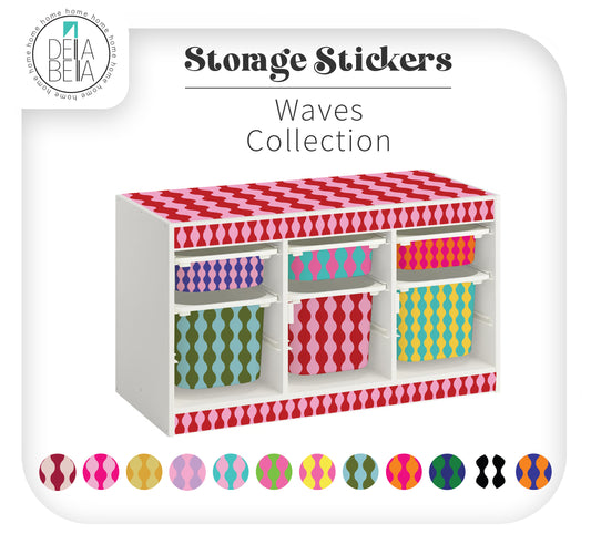 IKEA Trofast unit customised with colourful retro wave stickers on the top and drawer fronts, creating a vibrant and playful IKEA hack for a child's playroom.