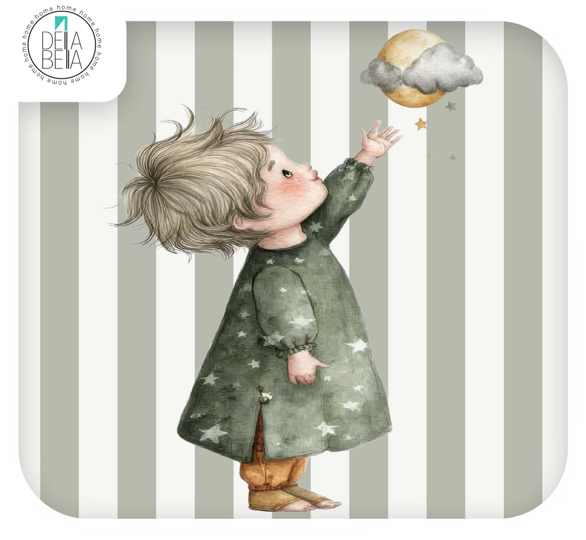 Ikea Hacks stickers featuring a watercolor illustration of a young child in a star-patterned green dress reaching for a crescent moon and cloud. The background consists of vertical gray and off-white stripes, and a 'Della Bella ' brand logo is visible in the top-left corner.
